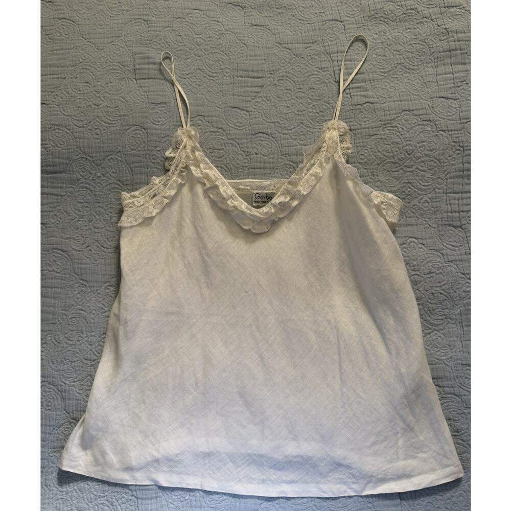 VTG 90s Y2K White Linen‎ Cami Designer Italy Spaghetti Strap Tank Ruffle Small